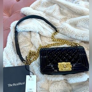 Small Chanel Black Patent Quilted Boy Bag w Gold Chain